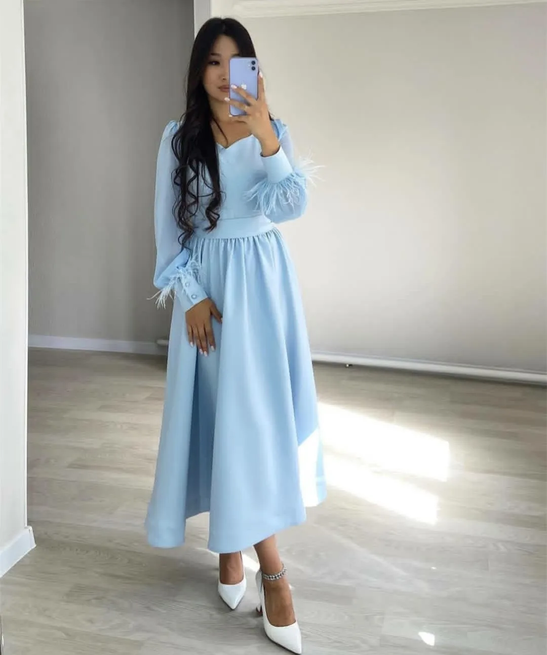 

Elegant Short Light Blue V-Neck Evening Dresses With Pockets A-Line Tea Length Satin Robe De Mariée Party Gown For Women