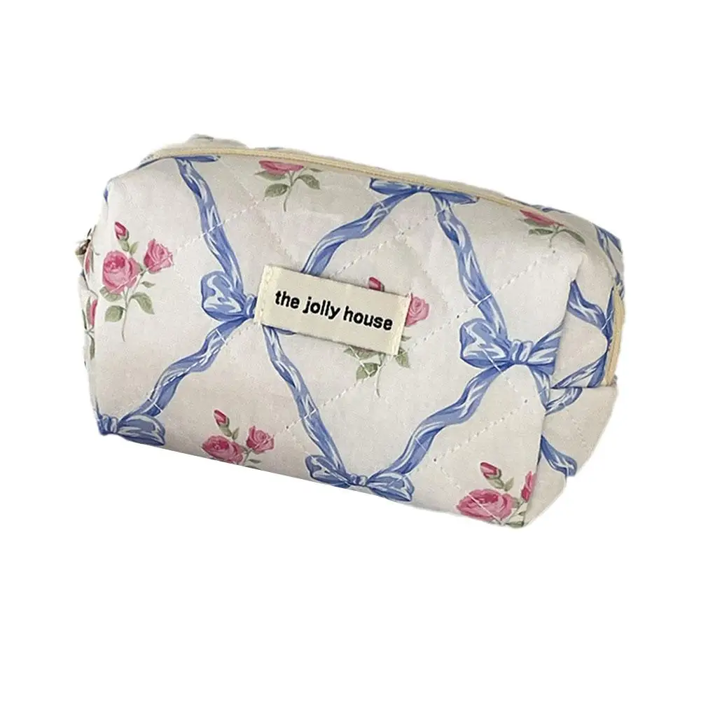 Women Cute Bow Flower Zipper Quilting Cotton Makeup Bag