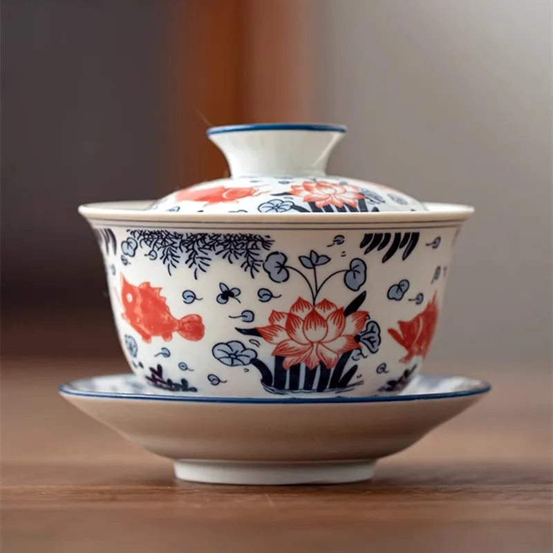 Jingdezhen Blue and White Porcelain Covered Bowl, Large Kung Fu Ceramic Tea Bowl, San Cai Gaiwan Handheld Bowl
