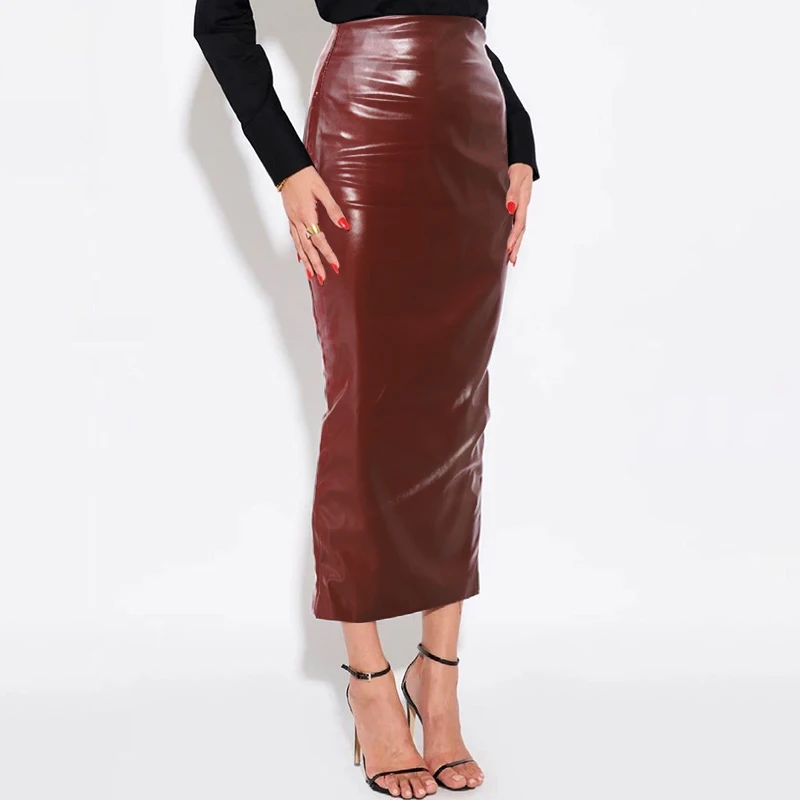 Women PU Leather High Waist Midi Skirts Fashion Long