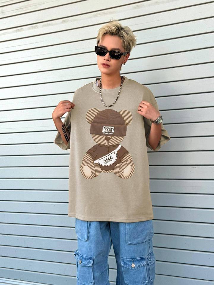 Korean Style Men's Casual  T-shirt Crew Neck Bear Graphic Short Sleeve Tee Summer Sport Casual Cotton Male Tops Fashion Brand