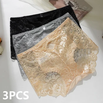 3 pezzi L-2XL slip a vita media da donna taglie forti biancheria intima di pizzo trasparente senza cuciture comode mutandine traspiranti scava fuori