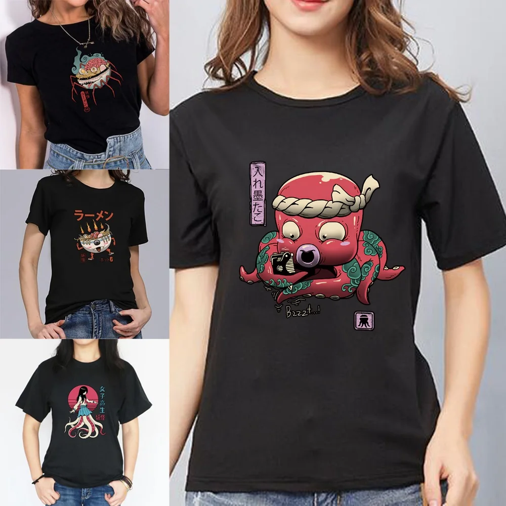 

T-shirt Women's Cartoon Pattern Short Sleeve Summer Black O-neck Cute Monster Print Women's T-shirt Casual Top Tee