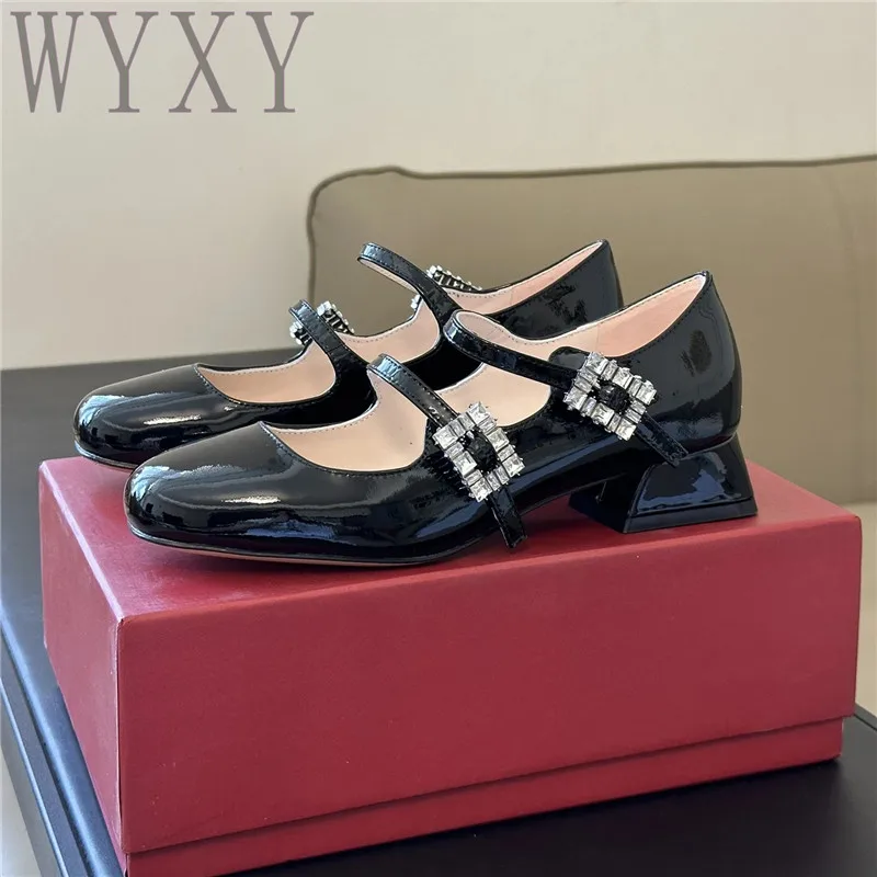 

Autumn New Square Toe Patent Leather Pumps Women Double Row Crystal Buckle High Heels Mary Janes Shoes Fashion Party Shoes 2023