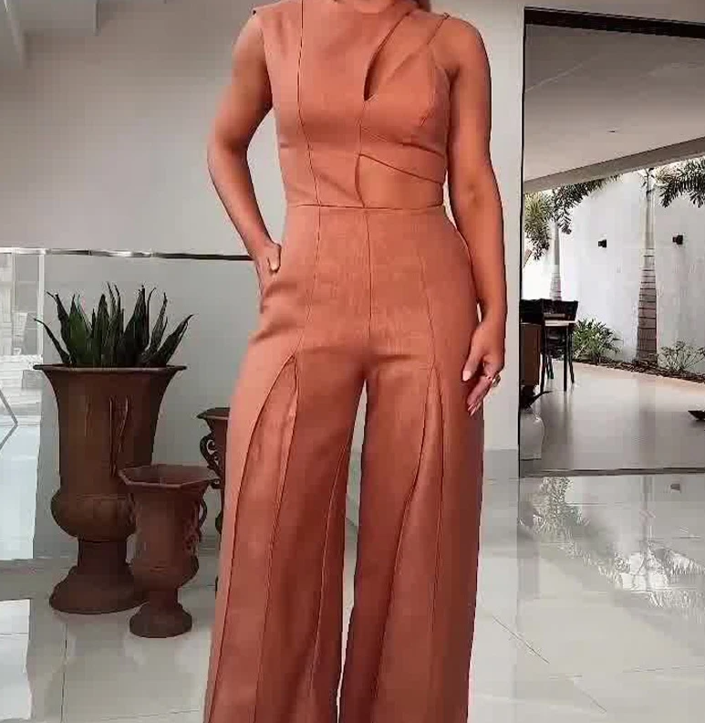 

Women Hollow Out Jumpsuits 2024 Spring New Lapel Round Neck Solid Color One Pieces Bodysuit Casual Elegant High Waisted Jumpsuit