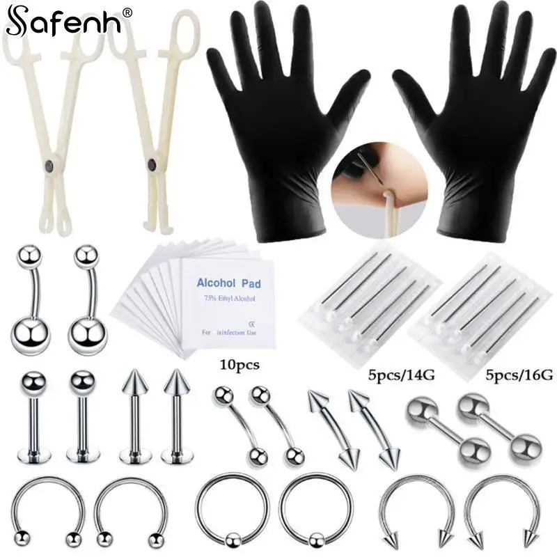 14G 16G Tong Ring Neus Wenkbrauw Lippen Septum Tang Piercing Naalden Lichaam Sieraden Body Piercing Sieraden Kits Set 1Set