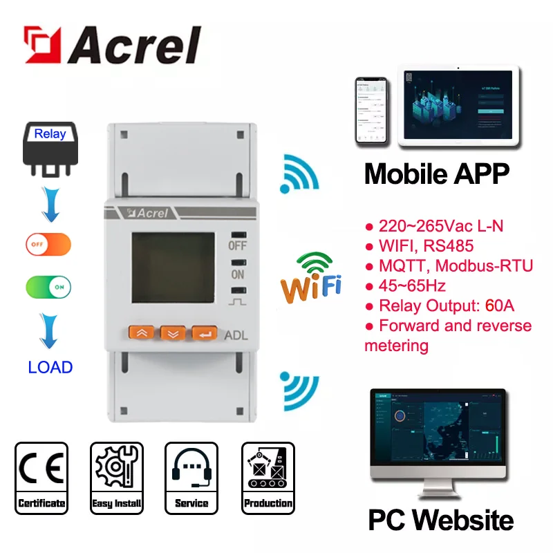 

Acrel ADL200-NK/WF Wifi Single Phase Energy Meter MQTT Power Monitoring with 60A Relay Output Switch On-Off Control