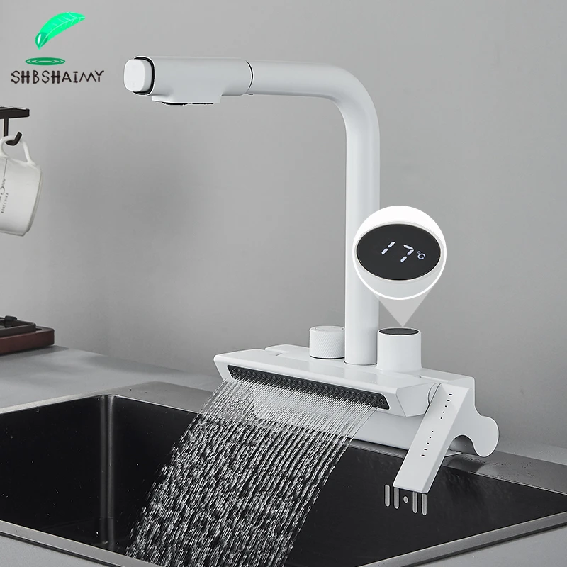 White Rain Waterfall Kitchen Faucet Temperature Digital Display Dish Washing Pool Tap Single