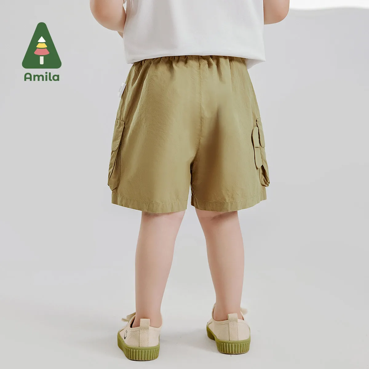 Amila Summer New Boys Bottom Cotton Solid Color Cartoon Elephant Pocket Cargo Quarter Pants