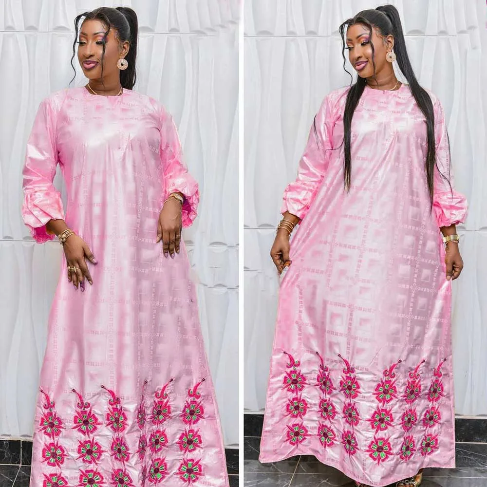 Pink Bazin Riche Long Dresses For Ankara Women Party Clothing Bazin Riche Dashiki Robe With Scarf Printed Bazin Clothing