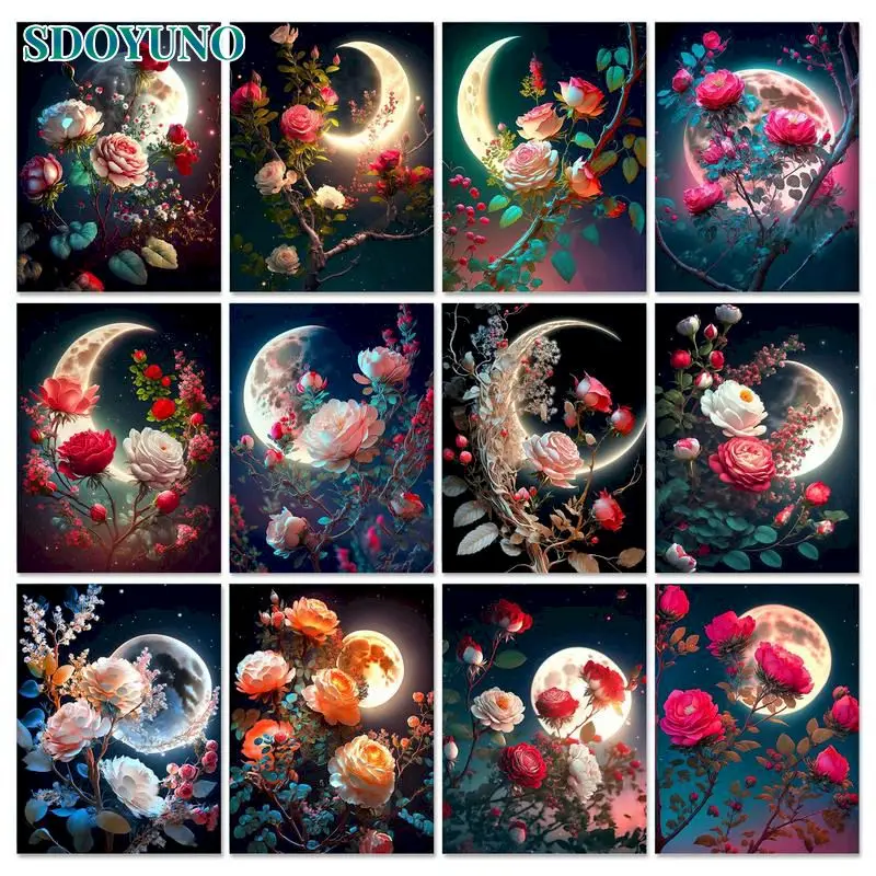 

SDOYUNO DIY Painting By Numbers Moon Rose HandPainted Canvas Drawing By Numbers Night Flower Acrylic Paints set Unique Gift