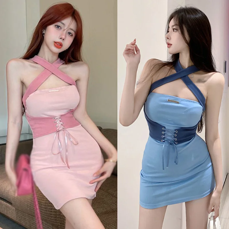 여성용 백리스 민소매, 원피스 배색 슬림 섹시, 한국 버전