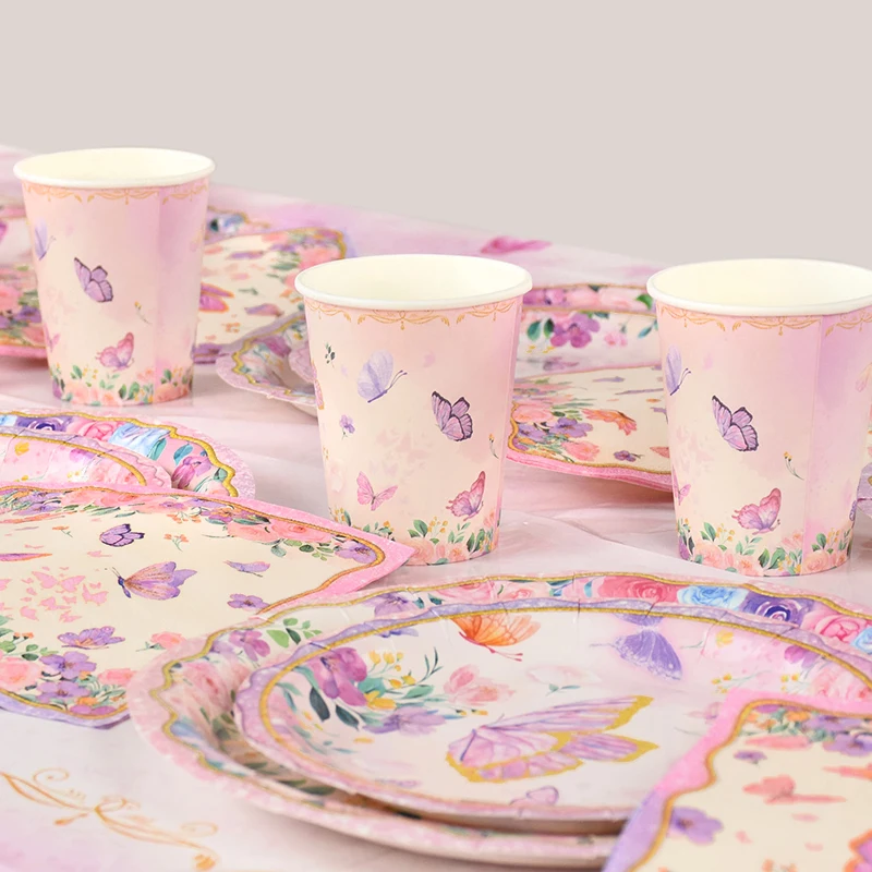 Pink Butterfly Disposable Tableware Set Paper Plates Cup Tablecloth Girls Butterfly Theme Birthday Party Decoration Supplies