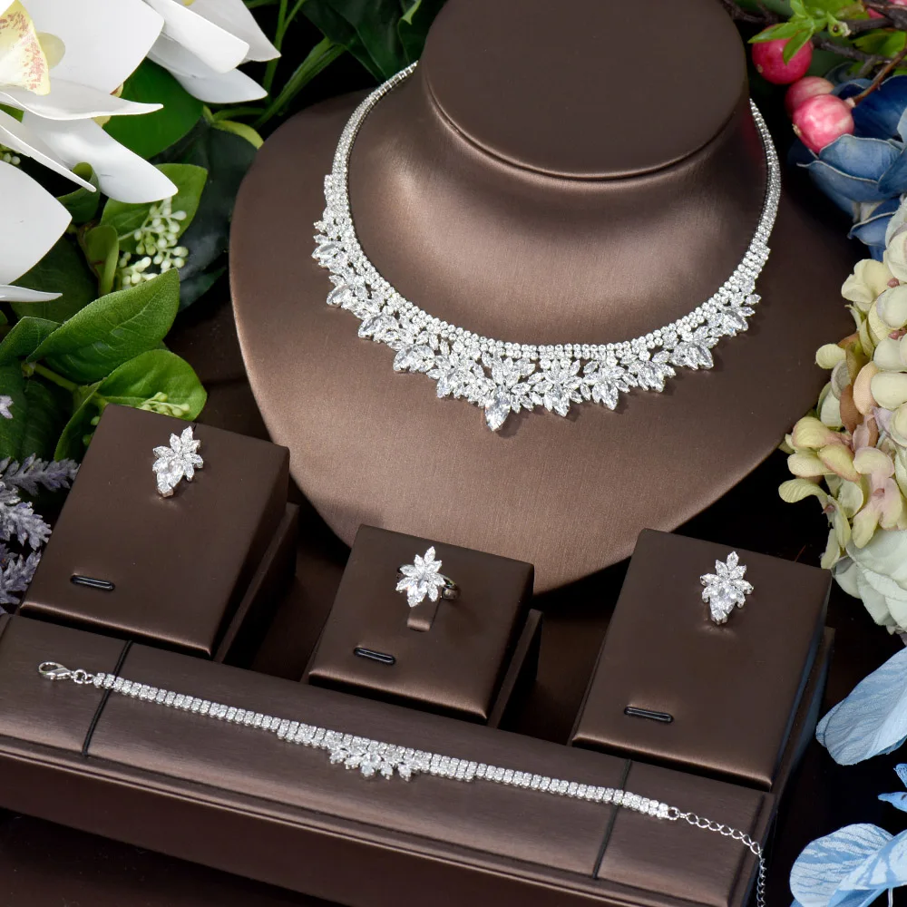 

HIBRIDE High Quality White Color Cubic Zirconia Beautiful Leaf Flower Shape Big Jewelry Sets For Ladies Accessories N-1519