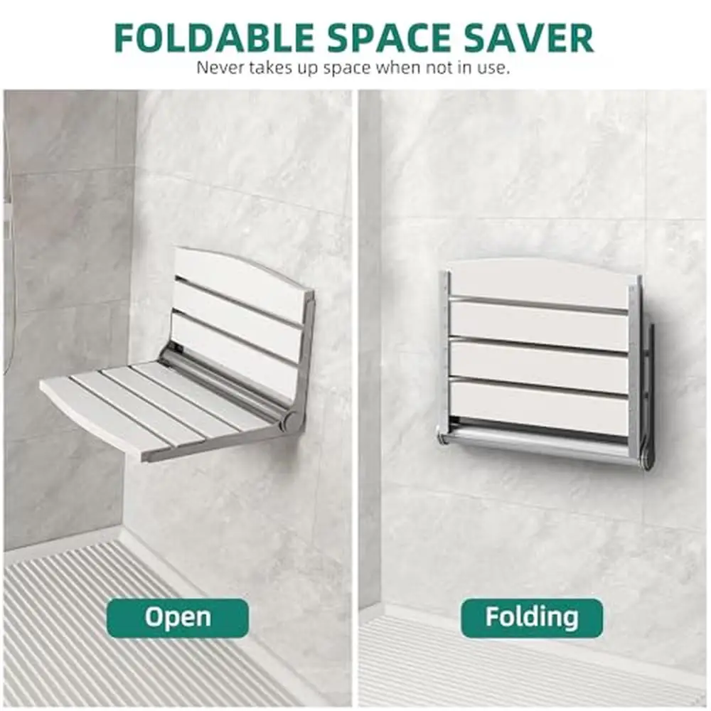 Folding Shower Bench Stainless Steel Frame Wall Mounted Shower Chair Home Space-saving Design Easy Installation Steady and Safe 6