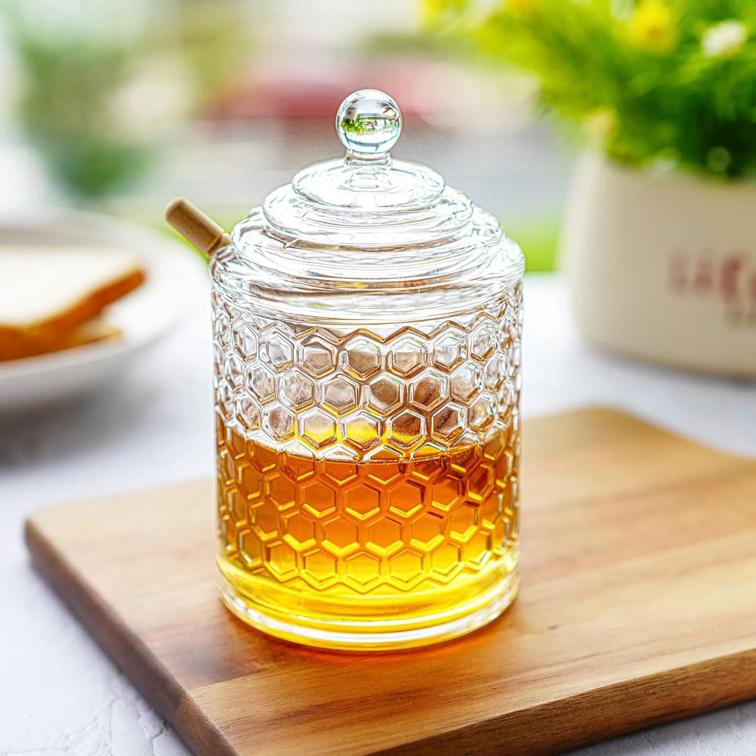 Clear Crystal Honey Pot with Dipper and Lid,Glass Honey Jar with Dispenser, Glass Honey and Syrup Container for Home Kitchen 4