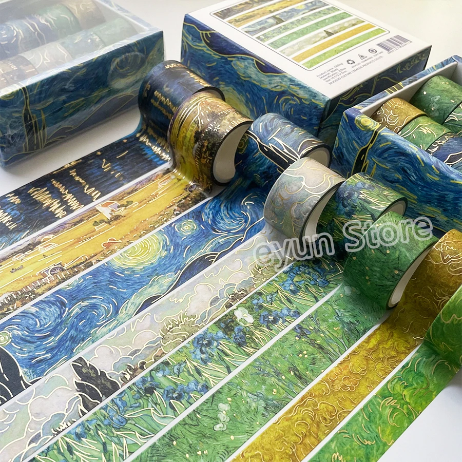 반 고흐 유화 시리즈 Washi 테이프 세트 골드 스탬핑 장식 접착 테이프 마스..