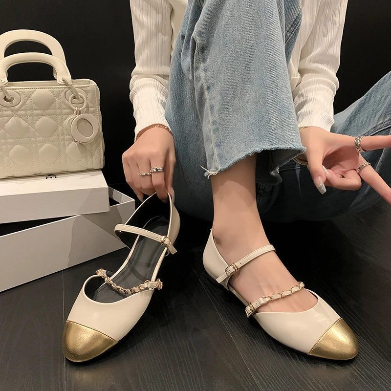 New Brand Design Metal Belt Buckle Single Shoes Round Head Splicing French Hollow Sandals Casual Flat Shoes Women's Sneakers