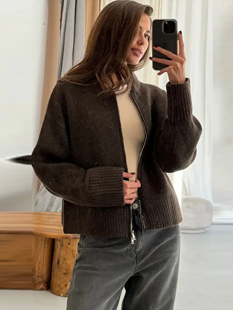 Fashion Solid Knitted Cardigan For Women Elegant O-neck Long Sleeve Zipper Female Sweater 2024 Autumn Winter Lady Chic Knitwear 4