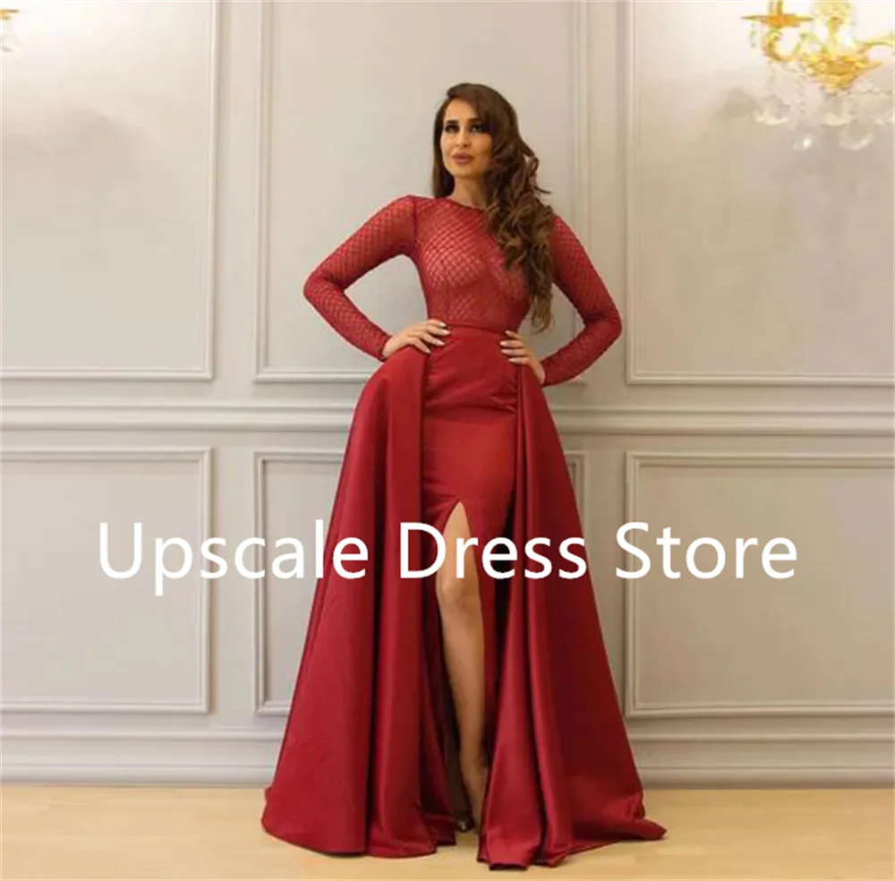 

Shiny Heavy Hand Beaded Prom Gowns Sheath Long Sleeve Illusion Top Designer Custom Evening Dresses Split Side Party Dresses
