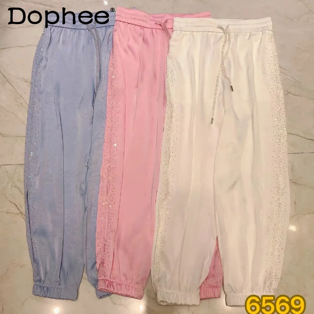 

European Style Acetate Embossed Casual Sweatpants Female Side Opening Diamond Drills White Ankle-Tied Cropped Trousers Long Pant
