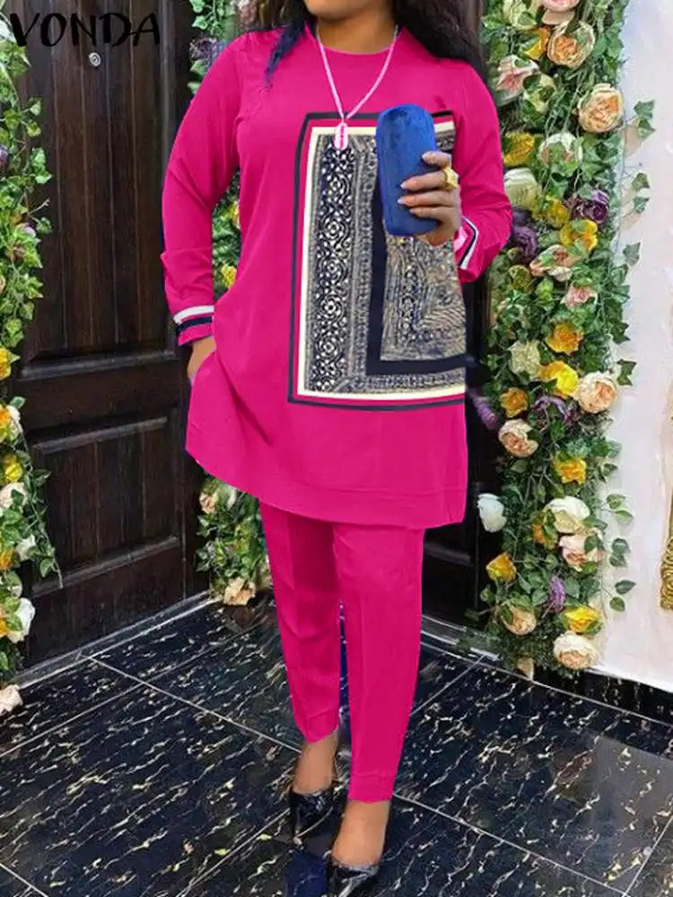 

Plus Size 5XL VONDA Women Bohemian Sets Casual Long Sleeve Tops Printed Pant Sets Loose Elastic Waist Pants Retro Oversize 2pcs