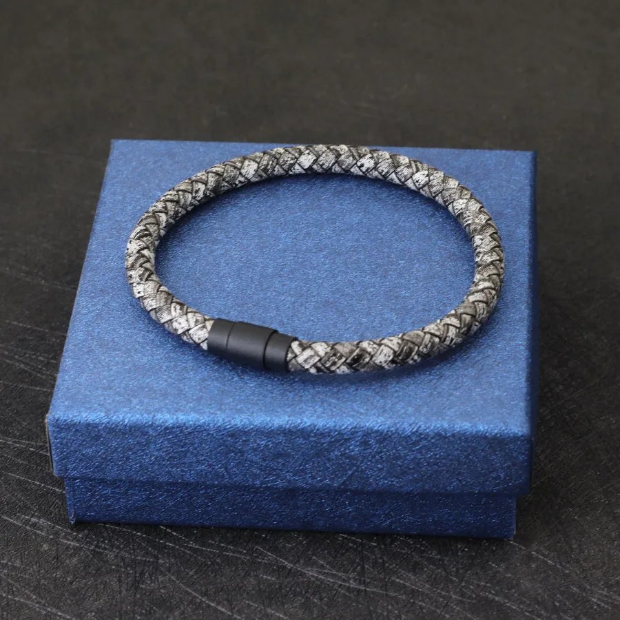 Mens Leather Bangle Bracelet Black Magnet Buckle