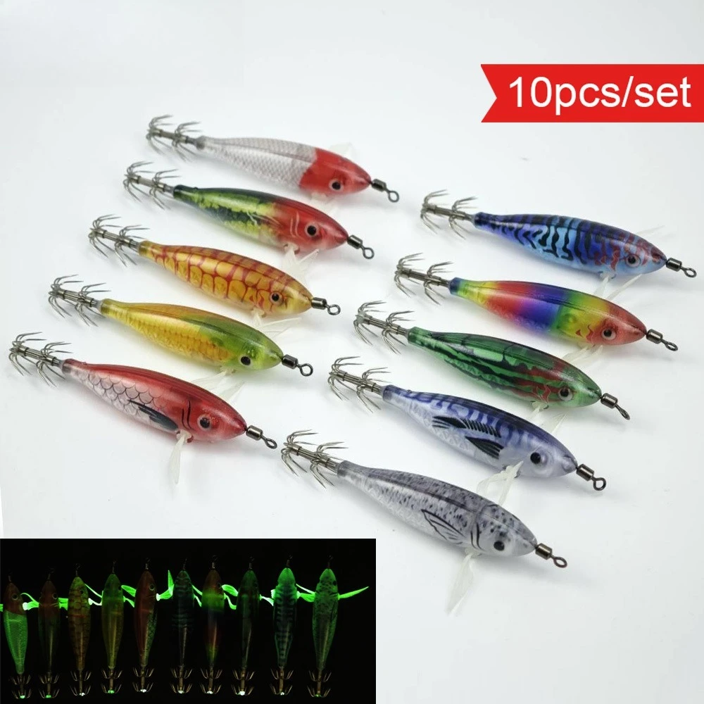 10 teile/satz 8 cm Glow Horizontale Tintenfisch Jig Locken Tintenfisch Jig Angeln Locken Salzwasser Garnelen Tintenfisch Angeln Zubehör Garnelen Köder