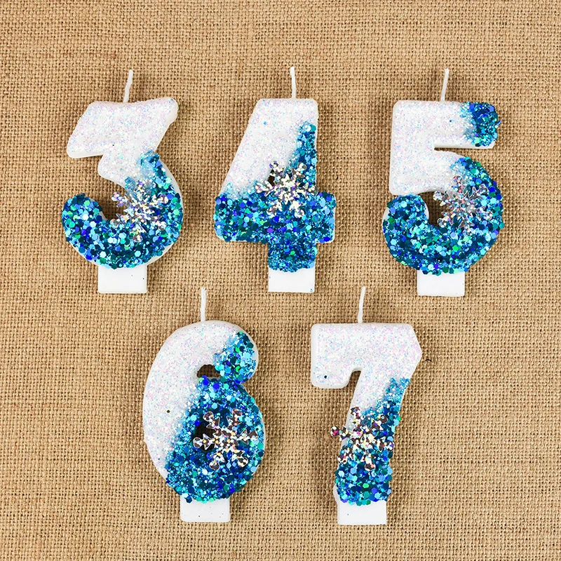 1 Stück Prinzessin Geburtstag 0-9 Zahlenkerze Blaue Schneeflocke Flammenlose gefrorene Kerzen Hochzeit Party Dekoration Geburtstag Dessert Versorgung – Detail 13