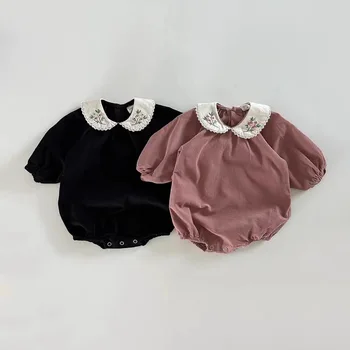 2025 Autumn New Baby Girl Flower Embroidery Collar Bodysuit Infant Long Sleeve Lapel Jumpsuit Newborn Toddler Girl Clothes