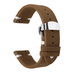 Luxury Suede Leather Watch Strap with Butterfly Buckle - Vintage - Style Wristband Accessory - 20mm (Dark Brown - White)