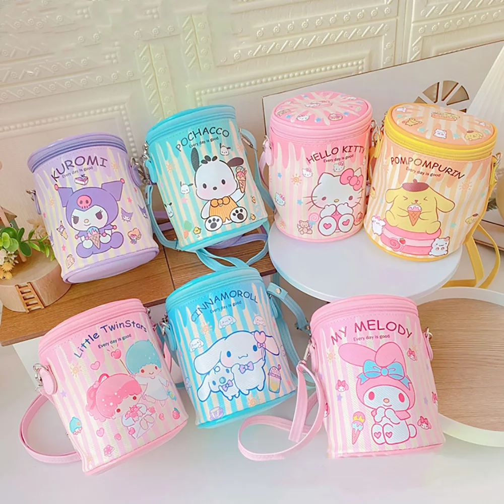 Sanrio Cylinder Bags Children's Shoulder Bag Kawaii Anime Purse Pouch Wallet Waterproof Backpack Casual Fashion Bucket Organizer new phone bag universal iphone huawei xiaomi handbags women purse simple cell phone waterproof wallet shoulder bag funny print