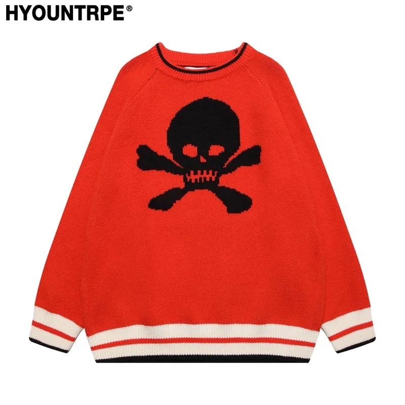 Hip Hop Knitted Sweater Mens Autumn Winter O-neck Skulls Pullover Streetwear Casual Warm Loose Sweaters Unisex Jumpers Knitwear