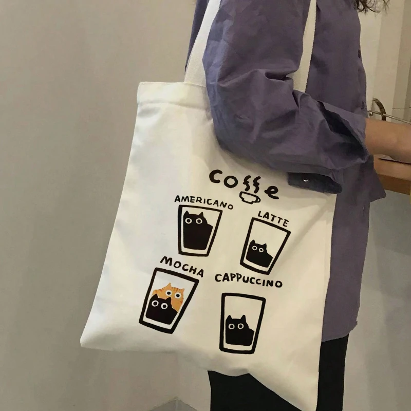 

Lovely Coffee Cup & Cat Printed Foldable Fashionable Shoulder Shopping Bag Women's Lightweight Tote Bags Shoulderbag Reusable