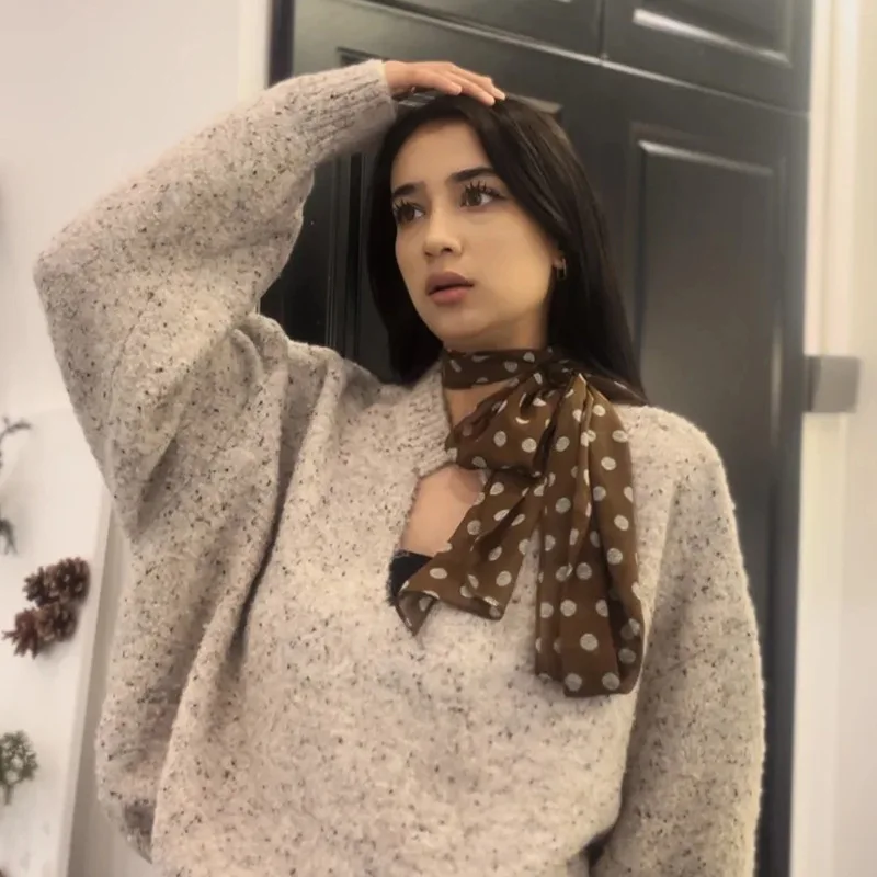 New Ins Style Brown Polka Dot Silk Scarf Printed High-end Versatile Accessories Neck Women Headband Tied Hair Long Scarf