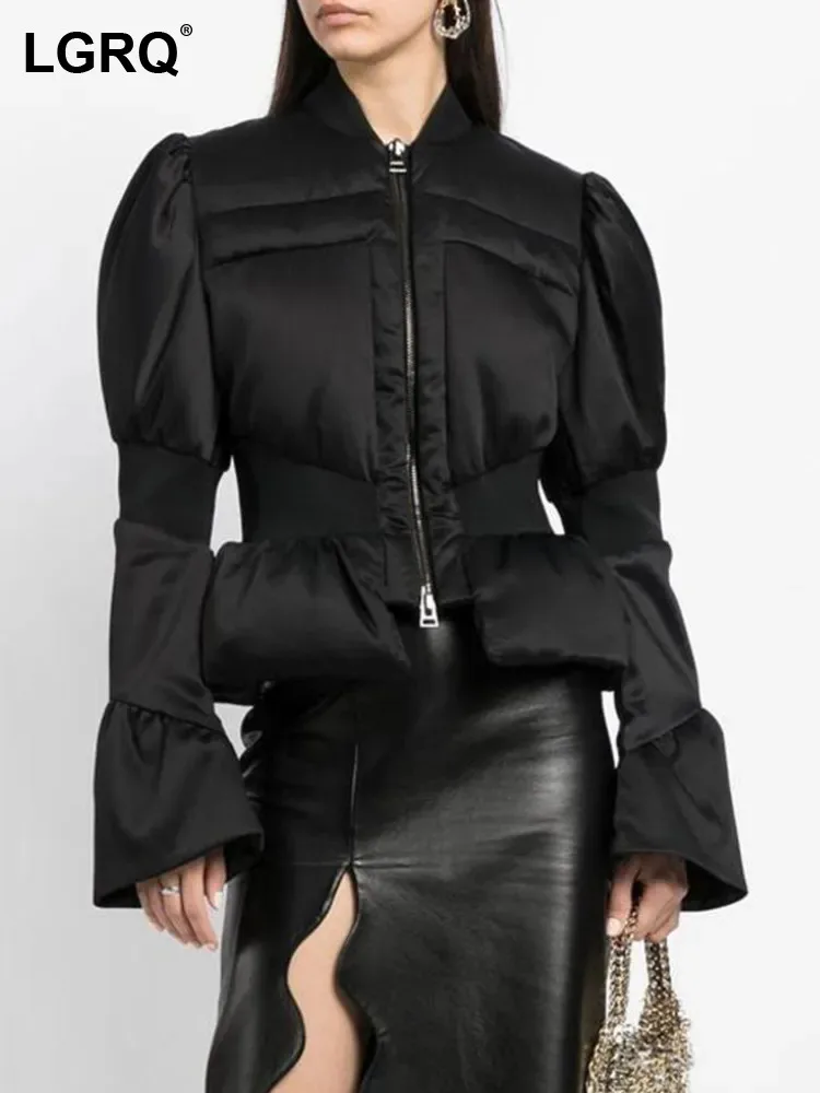 

LGRQ Fashion Elegant Thermal Winter Women's Cotton-padded Coat Flare Sleeves Zip Waist Quilting Short Jackets 2024 New 7AB299
