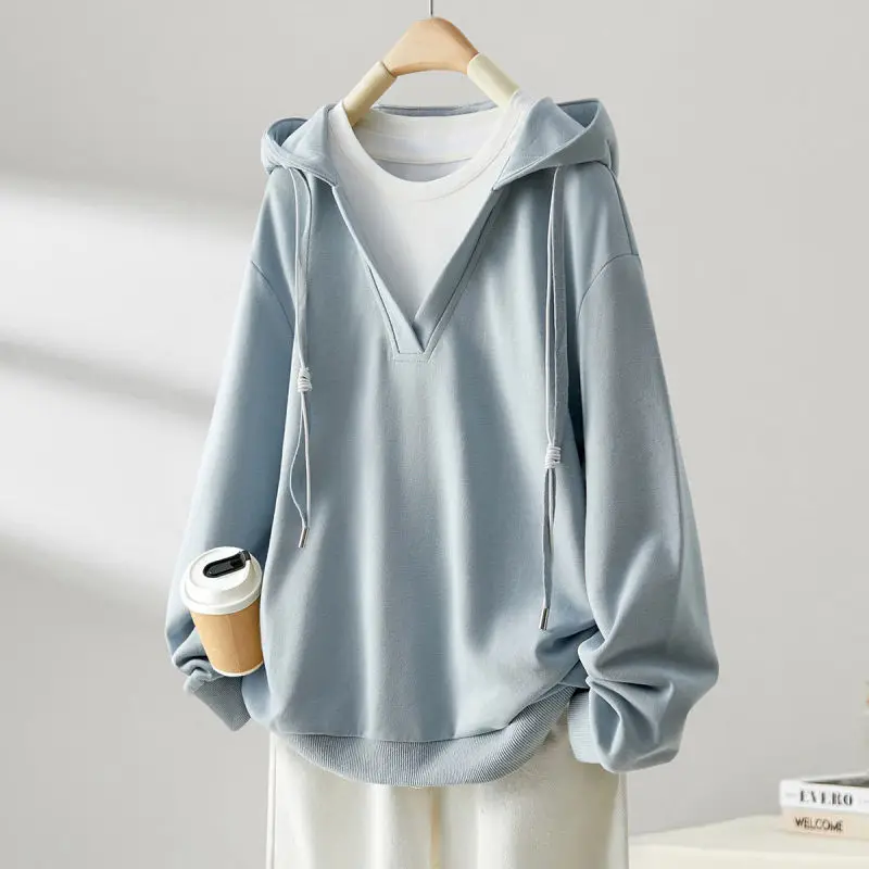 2023 New Spring and Autumn Relaxed Casual Super Oversized Korean Edition Panel Design Fake Two Piece Hooded Sweater for Women