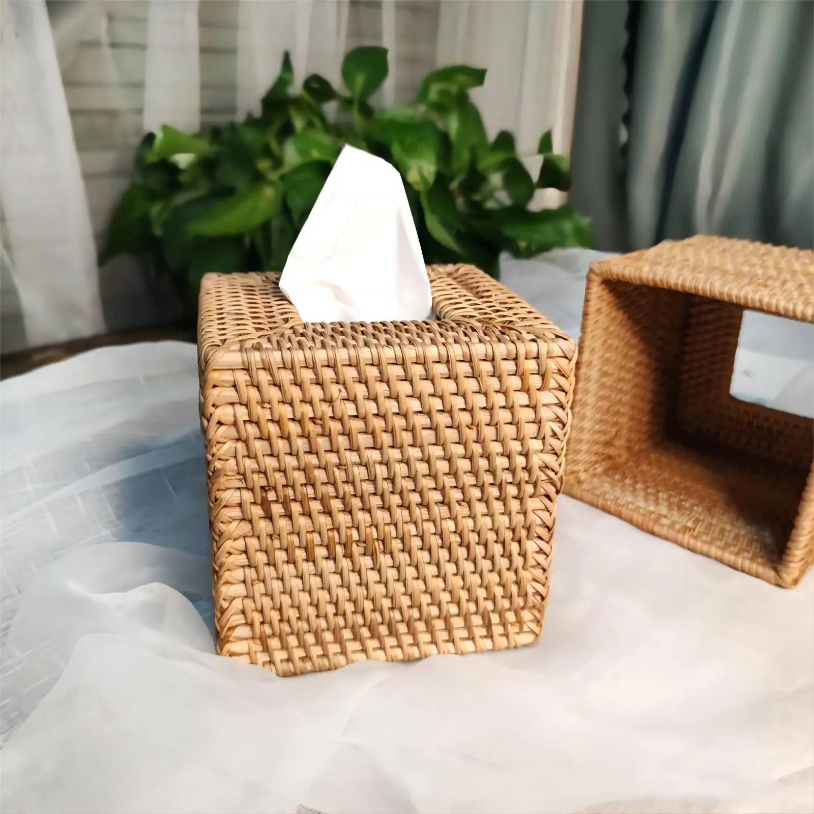 RattanSquareTissueBoxCoverHolderDecorativeFacialNapkinHolder