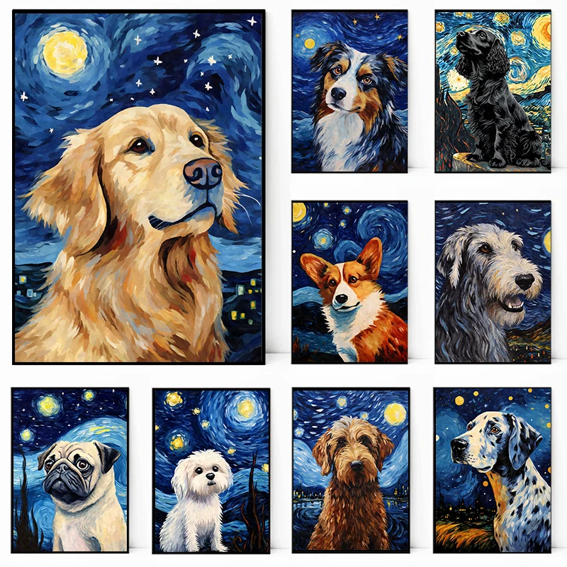 Starry Night Animals Poster Dog Unicorn Elk Starry Sky Canvas Printing Wall Art Decoration Hanging Painting Home Room Decoration