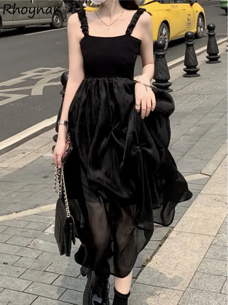 

Миди-платье женское без рукавов, Бальное милое Сетчатое однотонное в готическом стиле, на бретелях-спагетти, модная уличная одежда в Корейском стиле на лето