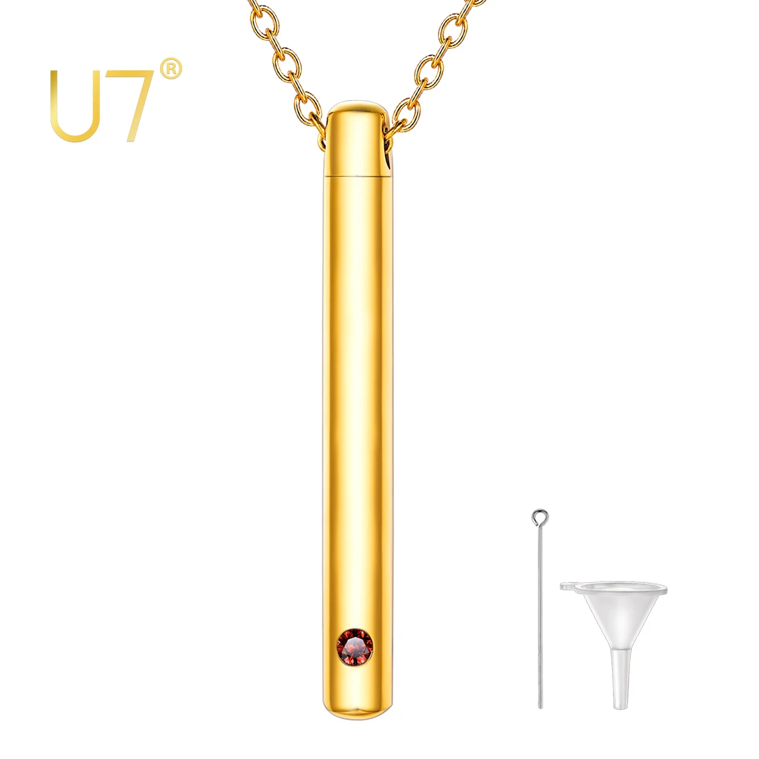 U7 Stainless Steel Urn Necklace for Ashes Custom Memorial Cremation Jewelry CZ Birthstone Bar Cylinder Essence Oil Keepsake