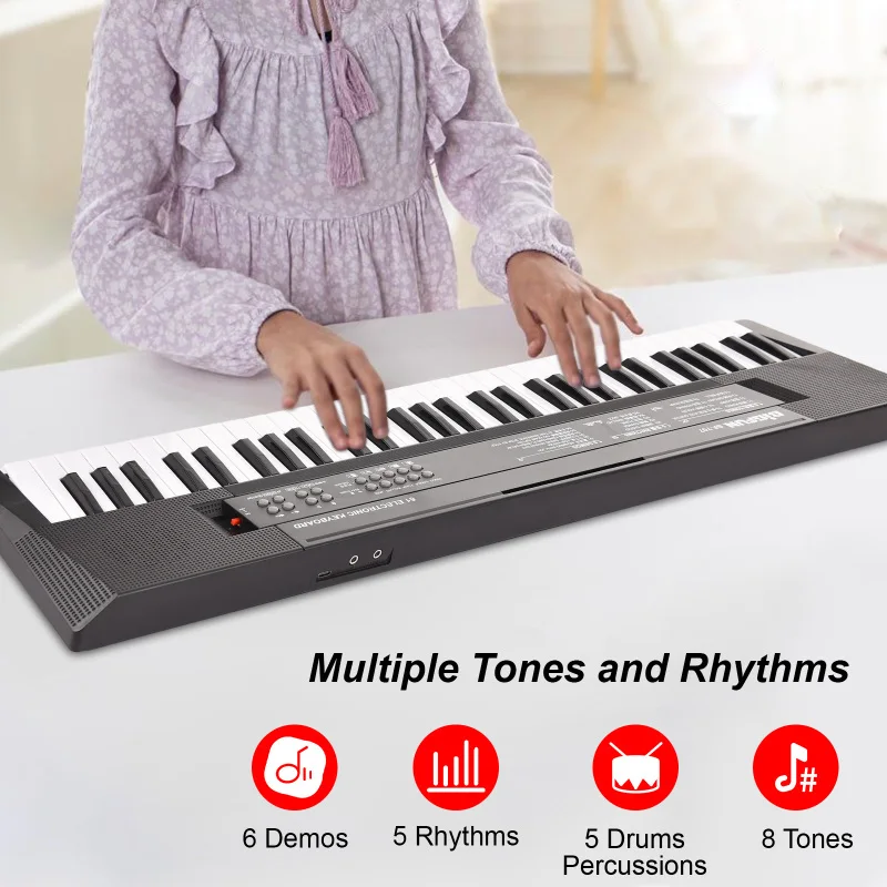 61 Key Electronic Keyboard Piano BIGFUN Dual Speakers 8 Tones 5 Rhythms 5 Drums Percussions 6 Demos Musical Instrument