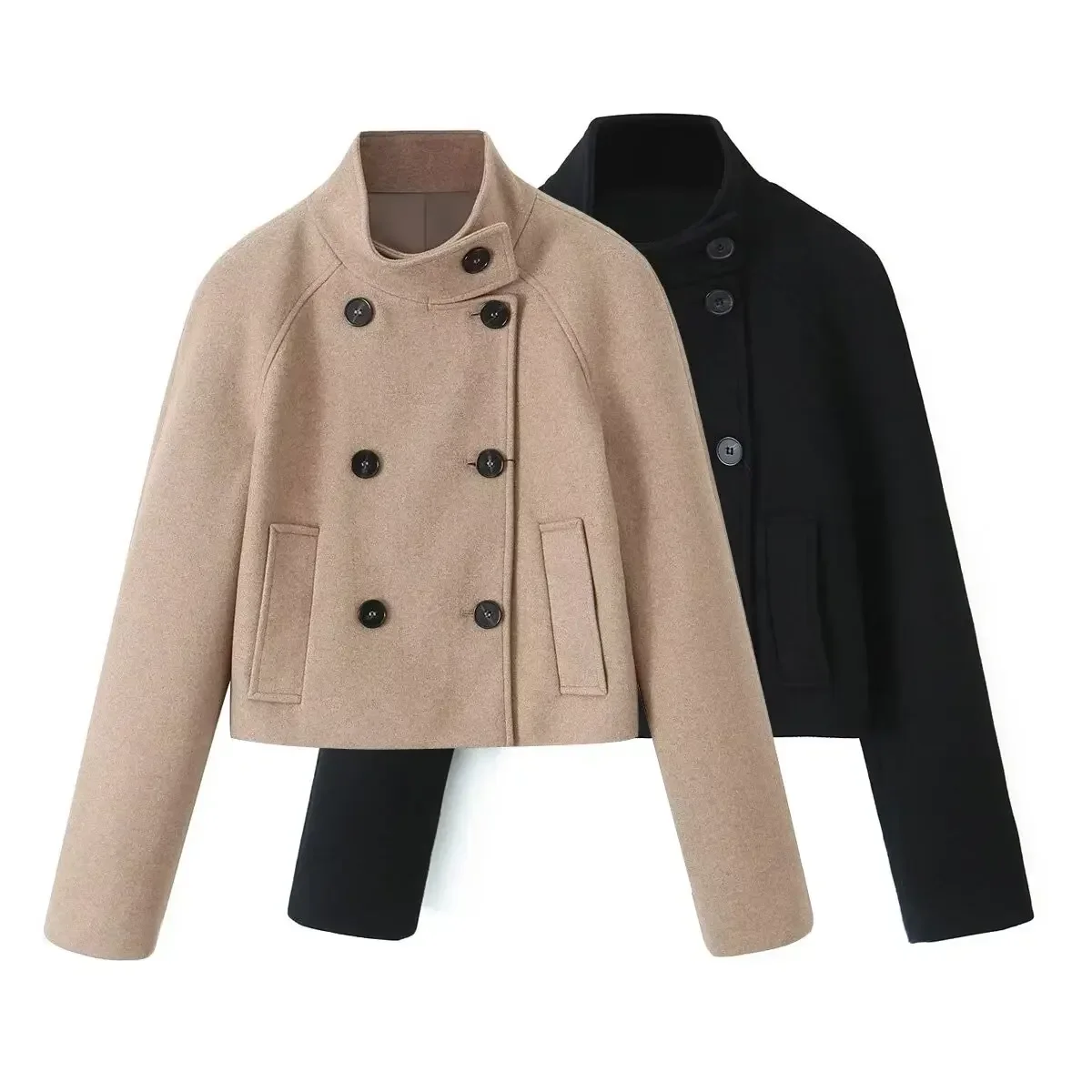 

Women New Fashion stand collar Cropped Double Breasted Woolen Coat Vintage Long Sleeve Pockets Female Outerwear Chic Overshirt