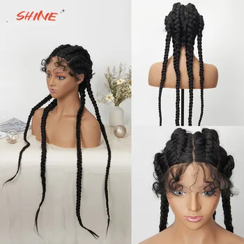 SHINE 30 Inches Long 4 Dutch Hand Braided Synthetic Lace Front Wig 13x4 Lace For Black