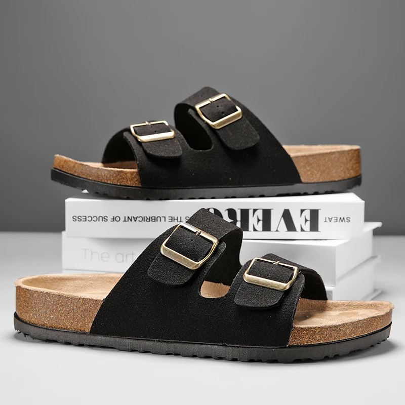 Mens Slippers Arch Support Slip-on Suede Shoe Crestar Cork Footbed Arizona Sandals for Women Solid Color Double Button Slippers