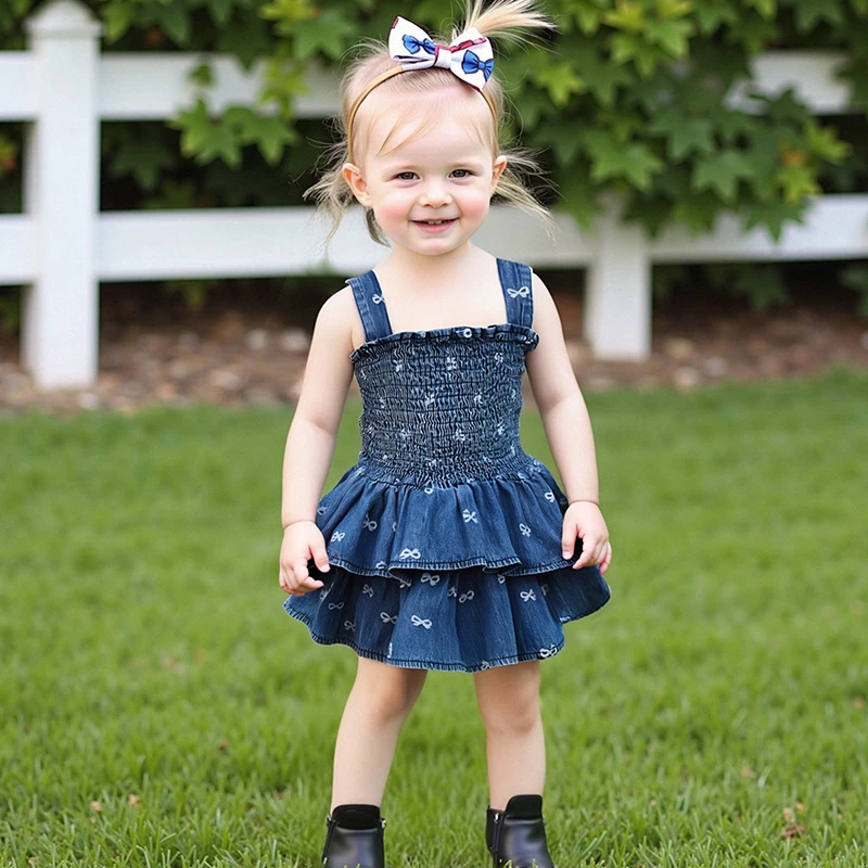 FOCUSNORM 0-18M Schöne Baby Mädchen Sommer Strampler Kleid Ärmellose Bogen Druck Süße Denim Tiered Cami Overalls – Detail 4