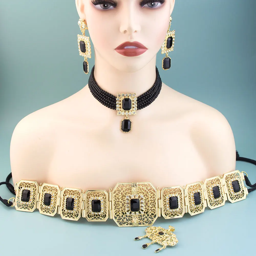 Sunspicems Gold Color Moroccan Bridal Jewelry Sets Arab Crystal Caftan Rope Belt Bead Chain Choker Necklace Long Earring Brooch