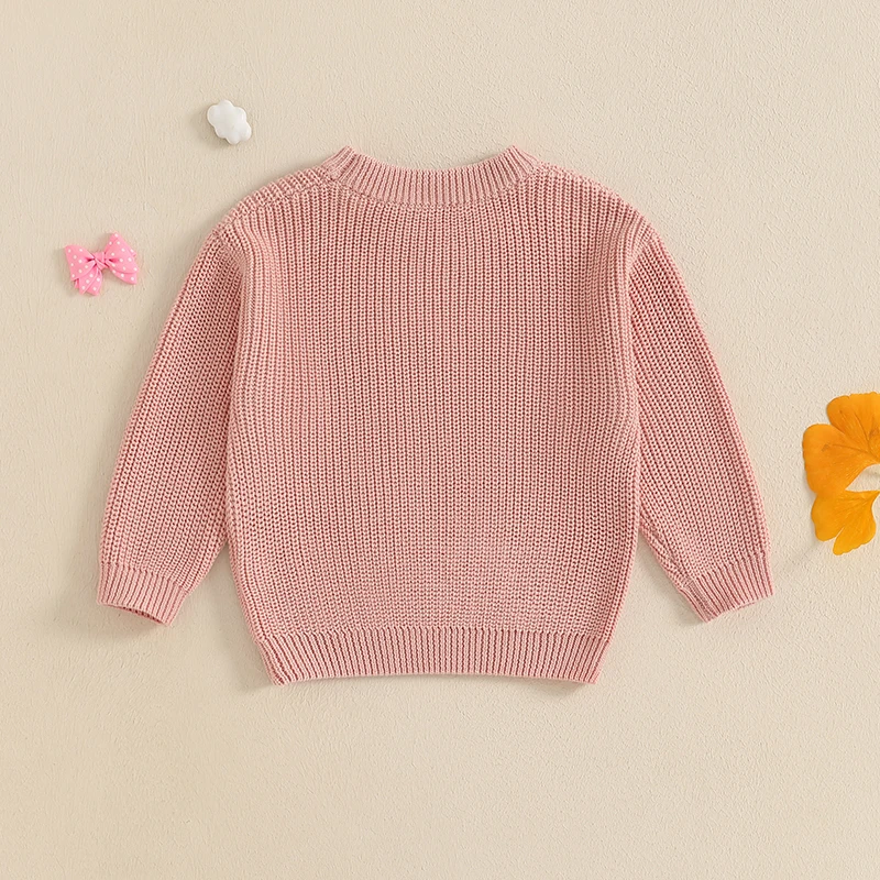 FOCUSNORM 0–18 Monate schöner Frühlingspullover für Babys, Mädchen und Jungen, 3 Farben, langärmelig, Rundhalsausschnitt, Schleife, Buchstaben, Stickerei, warme Strickpullover – Detail 6
