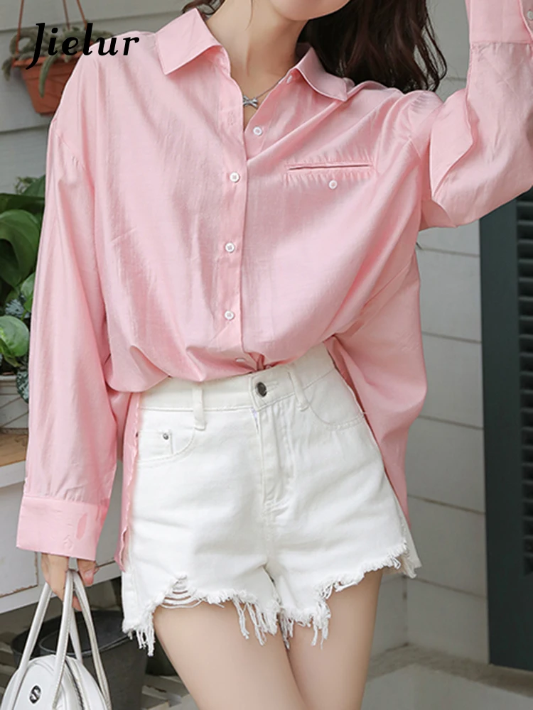 

Jielur Autumn New Solid Color Slim Sunscreen Trench Woman Casual Loose Fashion Trench Female Street Pink Off White Top Women