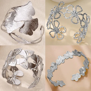 Ginkgo Leaf Bangles for Women Stainless Steel Hollow Flowers Cuff Bangle Bracelet femme Fashion Wedding Waterproof Jewelry